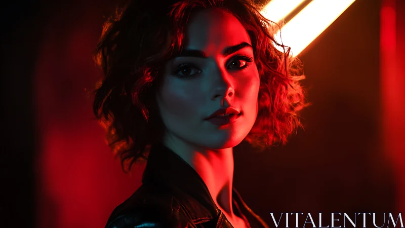 Woman stands in red neon light with strong side lighting