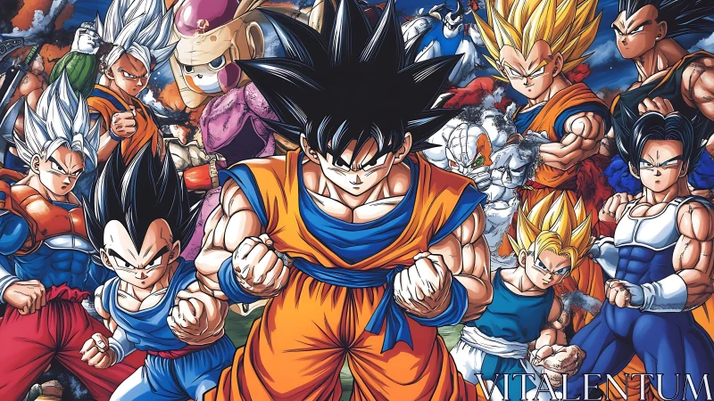 Dynamic anime battle ensemble showcases muscular hero lineup