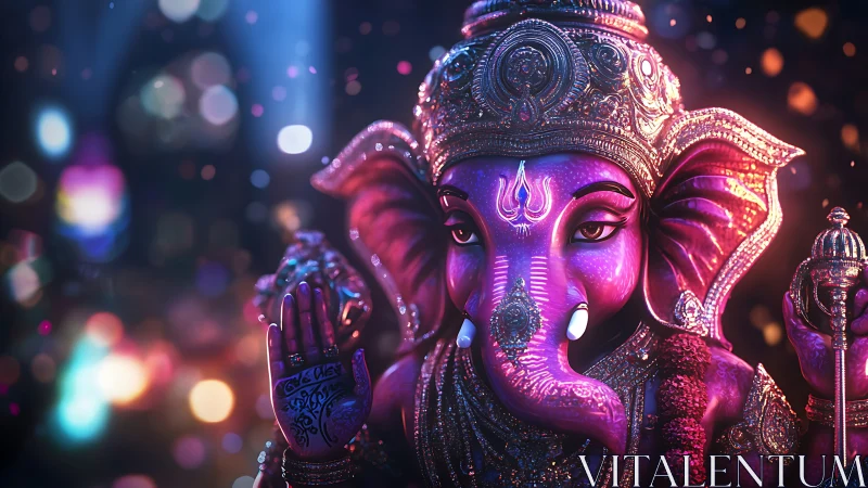 Radiant pink Ganesha statue glowing in festival night light.
