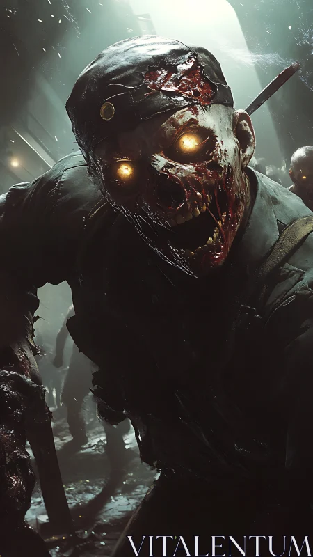 Glowing-eyed zombie soldier lunges forward in dark corridor.