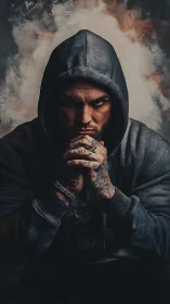 Hooded man stares intensely forward in moody dramatic light