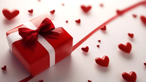 Red Gift Box with Ribbon Surrounded by Floating Hearts.