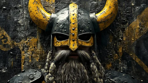Armored Viking portrait unites worn yellow horns and steel helm