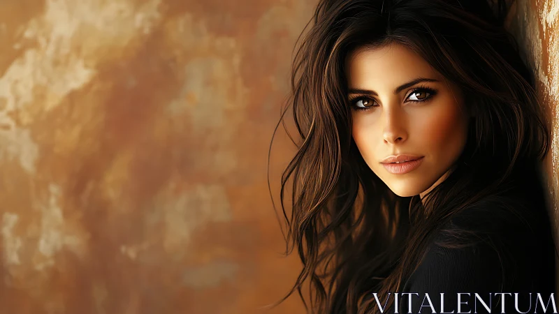 Soft amber light embraces a poised woman’s thoughtful gaze