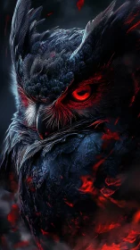 Infernal nocturnal raptor with ember-lit plumage and blazing eye