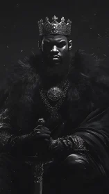 Dark monochrome portrait of crowned figure with sword seated.