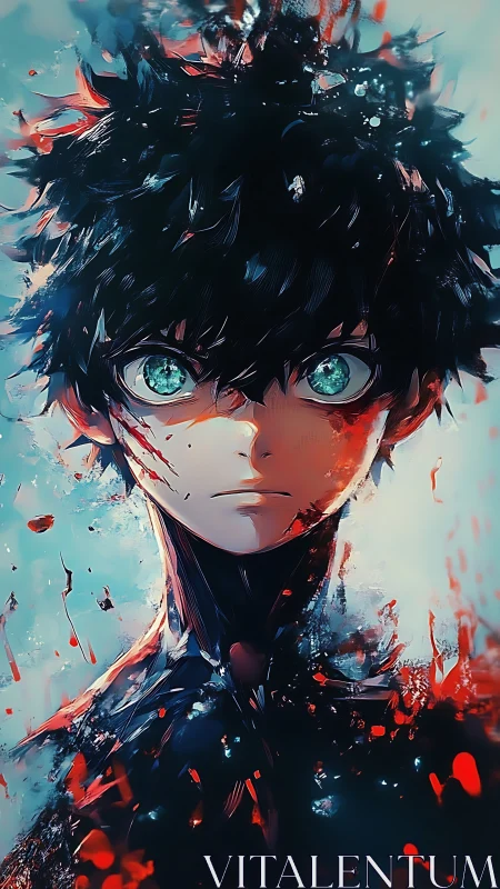 Shattered resolve around an intense teal‑eyed anime hero.