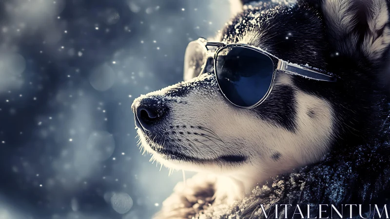 Cool-toned husky portrait uses reflective sunglasses in snow