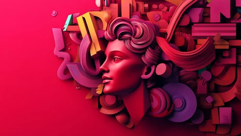 Sculpted crimson muse drifts through geometric daydreams