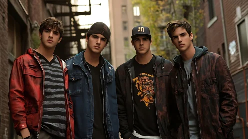 Urban alley portrait of four young men in layered streetwear