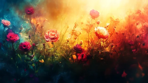 Radiant Blooms Ablaze: Roses Luminous in Golden Sunset Reverie.