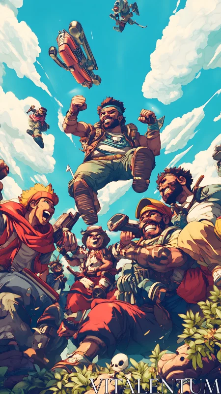 Ragtag sky raiders leap laughing into a cartoon dogfight