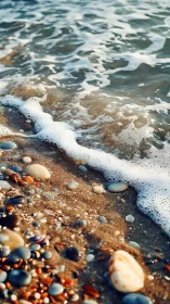 Foamy shoreline wave washing pebbled beach at sunset.