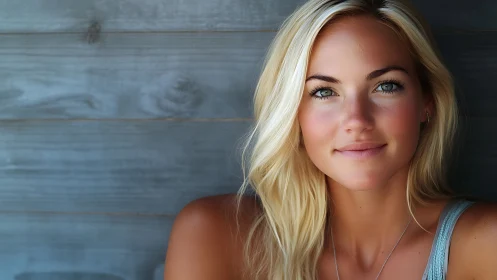 Portrait of Smiling Blonde Woman Against Wooden Wall, Natural Light.