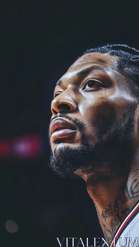 Sweat-lit courtside gladiator gazes toward unseen thunder.
