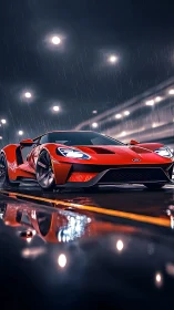 Red supercar shreds wet highway under neon rainstorm.