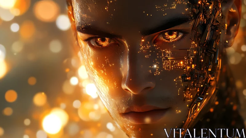 Hybrid cybernetic portrait fuses human visage with glowing circuits