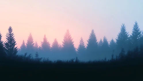 Misty conifer forest silhouetted against pastel sunrise.