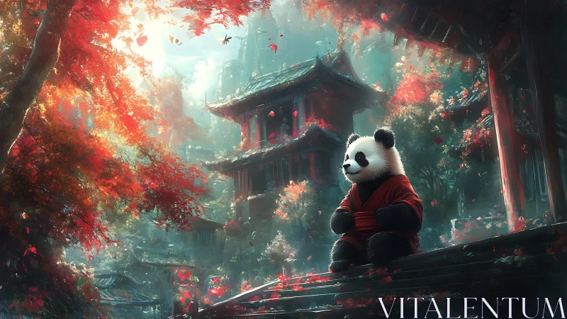 Panda monk rests on a terrace amid glowing autumn temple garden