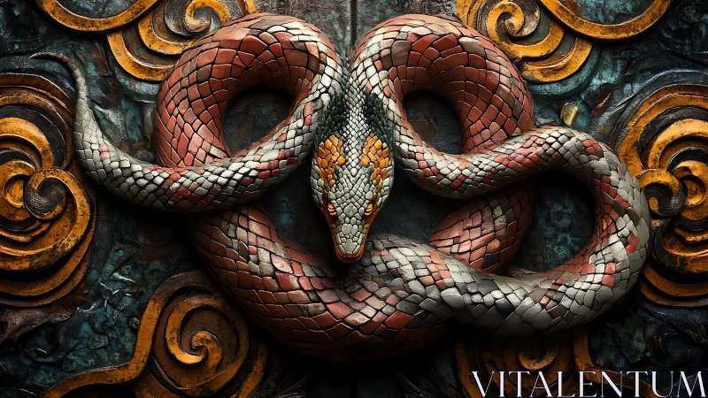 Coiled mosaic serpent relief with ornate teal and ochre background