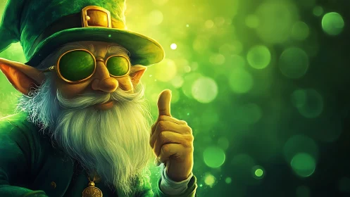 Emerald cool leprechaun giving a glowing thumbs up blessing.