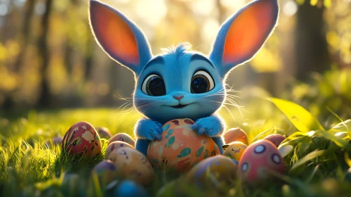 Blue bunny cradles painted Easter treasures in golden meadow.