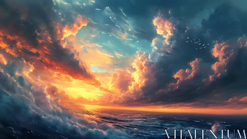 Dynamic seascape sunset with volumetric clouds and high contrast lighting