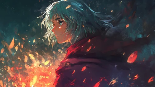 Side profile anime figure by fire with floating embers.