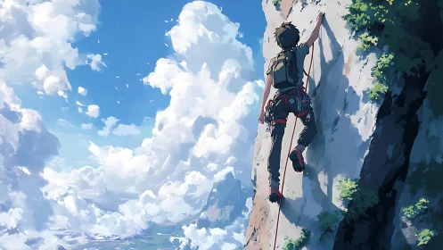 Rock climber scales vertical cliff against expansive sky