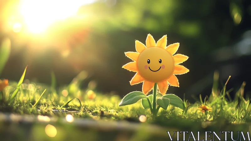 Smiling cartoon sunflower glows in dreamy sunrise meadow.