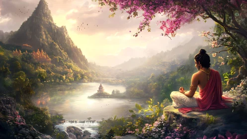 Serene sage meditates above a misty river valley at dawn