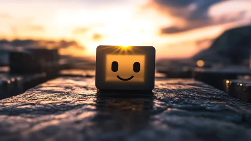 Smiling light box sits on wet stone surface at sunset