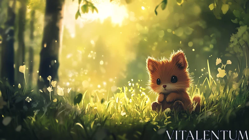 Backlit baby fox in luminous forest glade digital painting