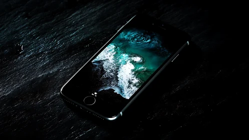 Smartphone Display Exhibiting High-Luminosity Coastal Wave Imagery Against Textured Dark Surface