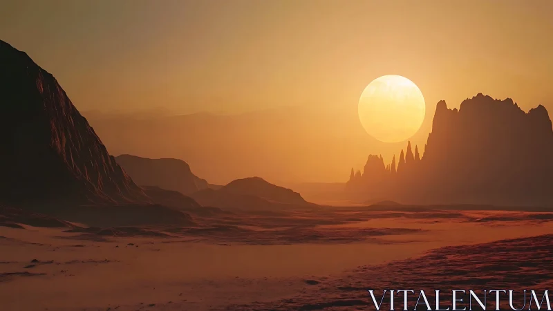 Alien desert sun descends behind jagged distant cliffs