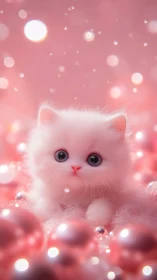 Pink fluffy kitten amid bokeh pearls in dreamy glow.
