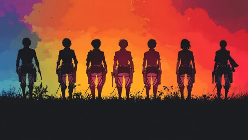 Anime soldier silhouettes against vivid sunset horizon.