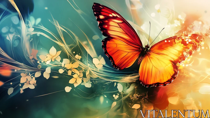 Glowing orange butterfly drifting through dreamy flower light.