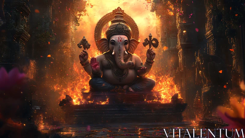 Divine Ganesha idol glows within blazing temple sanctum.