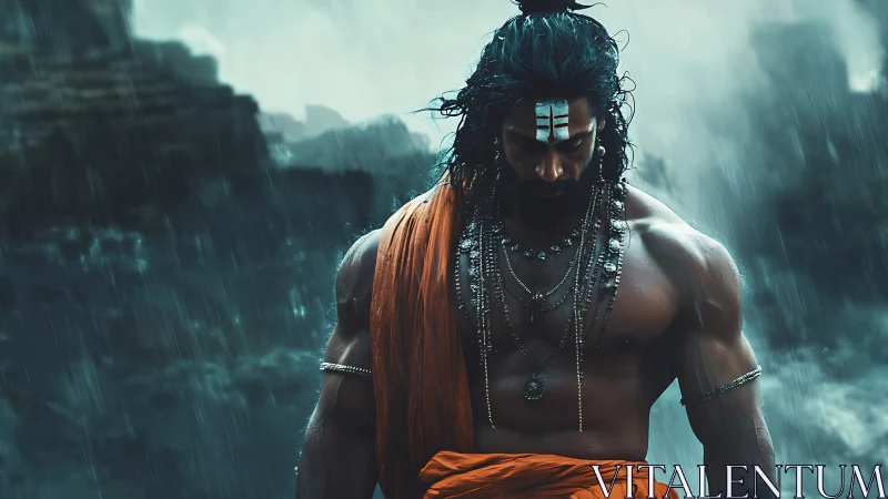 Storm-soaked warrior sage bows beneath roaring monsoon sky.