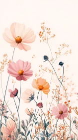 Delicate Cosmos Flowers in Soft Pastel Botanical Composition
