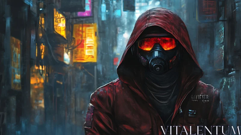 Hooded wanderer in neon rain, strolling a foggy night street.