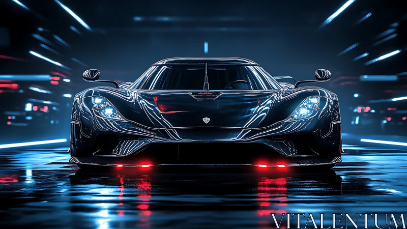 Futuristic hypercar races through neon tunnel at night.