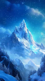 Glowing alpine peak under starry winter night sky.