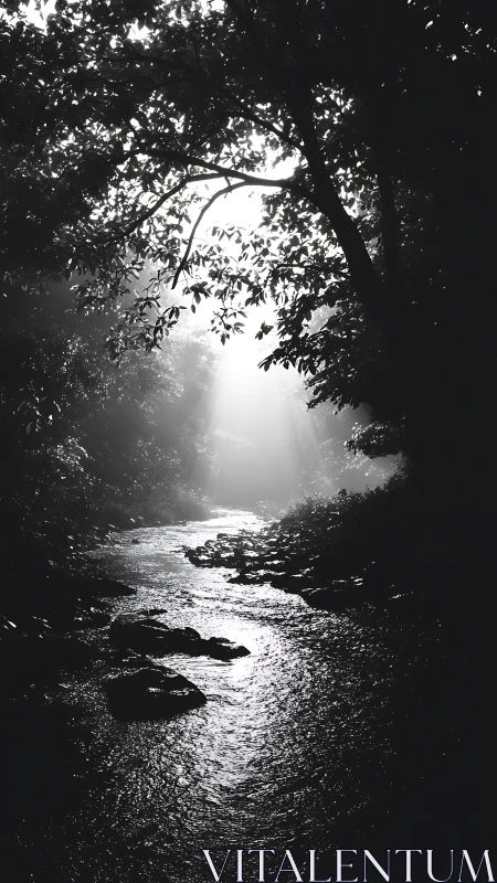 Soft morning light gently pours through a tranquil forest stream
