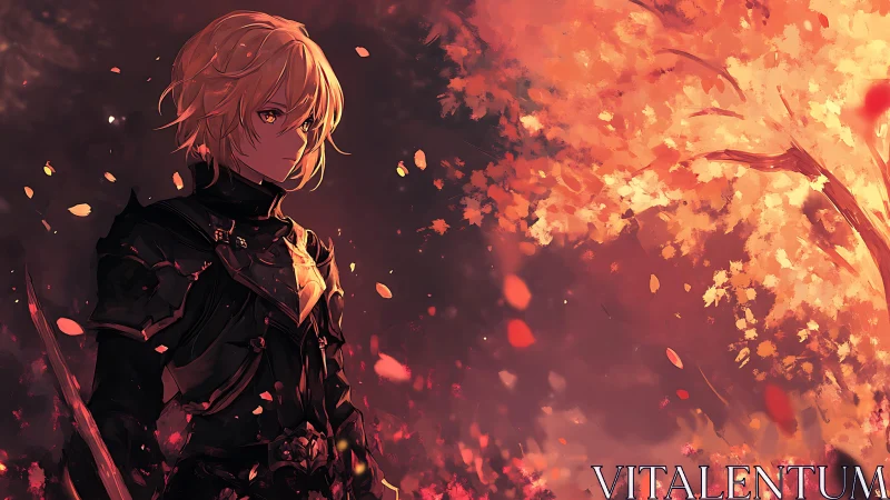 Lone blonde swordsman stands beneath a blazing autumn tree