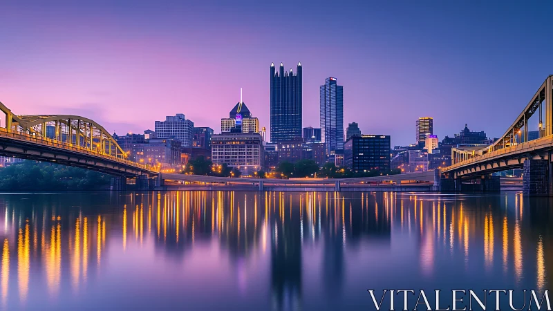 City skyline and bridge lights reflect on calm river water