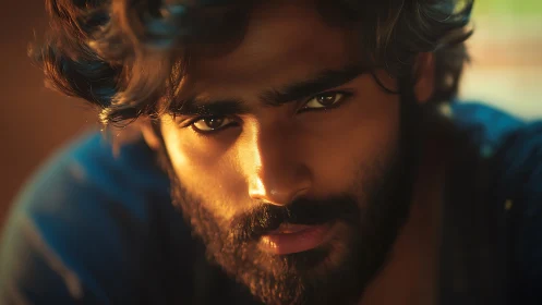 Intense bearded portrait under warm cinematic rim light.