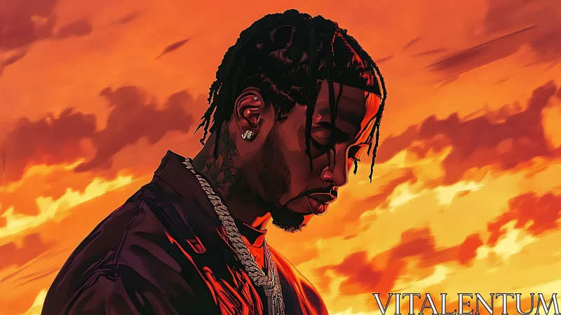 Profile portrait of braided man in sunset-lit orange sky