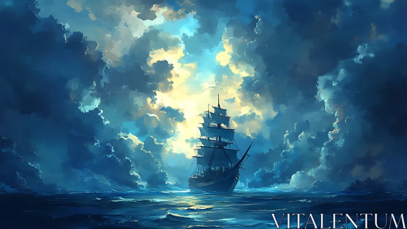 Sailing ship moves through illuminated storm cloud corridor
